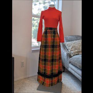 Vintage late 60s Plaid Maxi Dress zipper back Orange, Black, Mustard, Mr. B